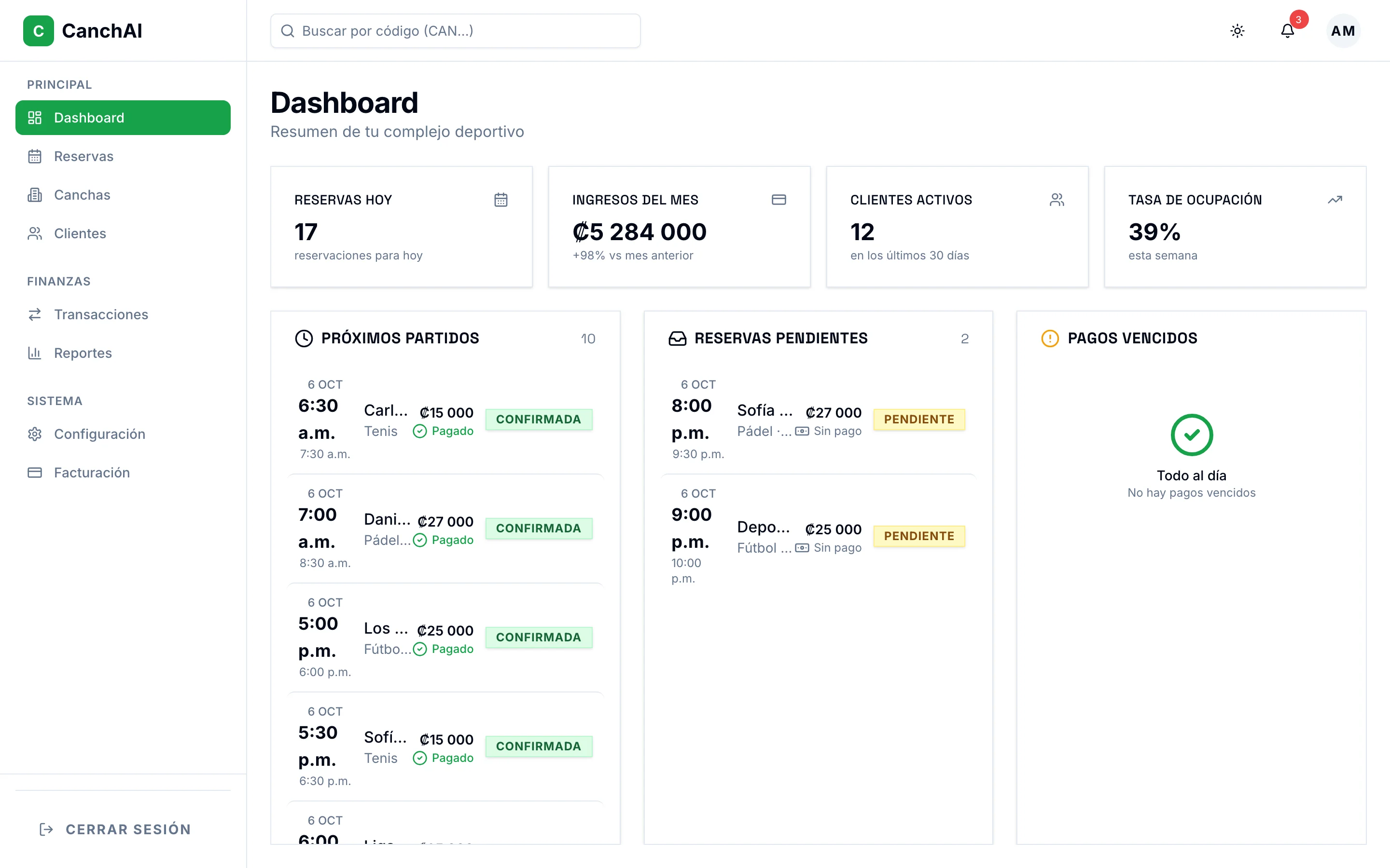 Dashboard del complejo con reservas e ingresos del mes