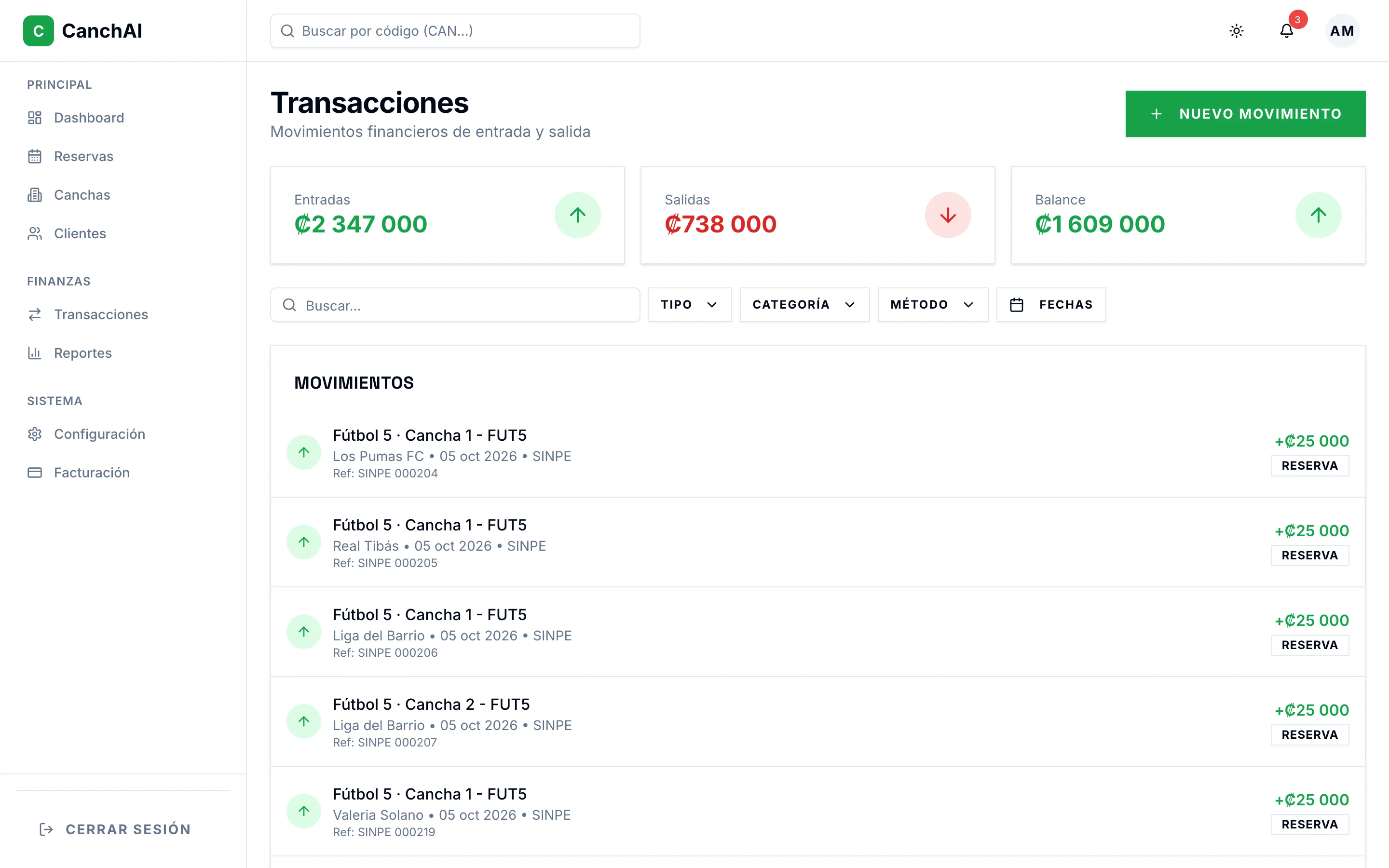 Movimientos de pagos SINPE verificados