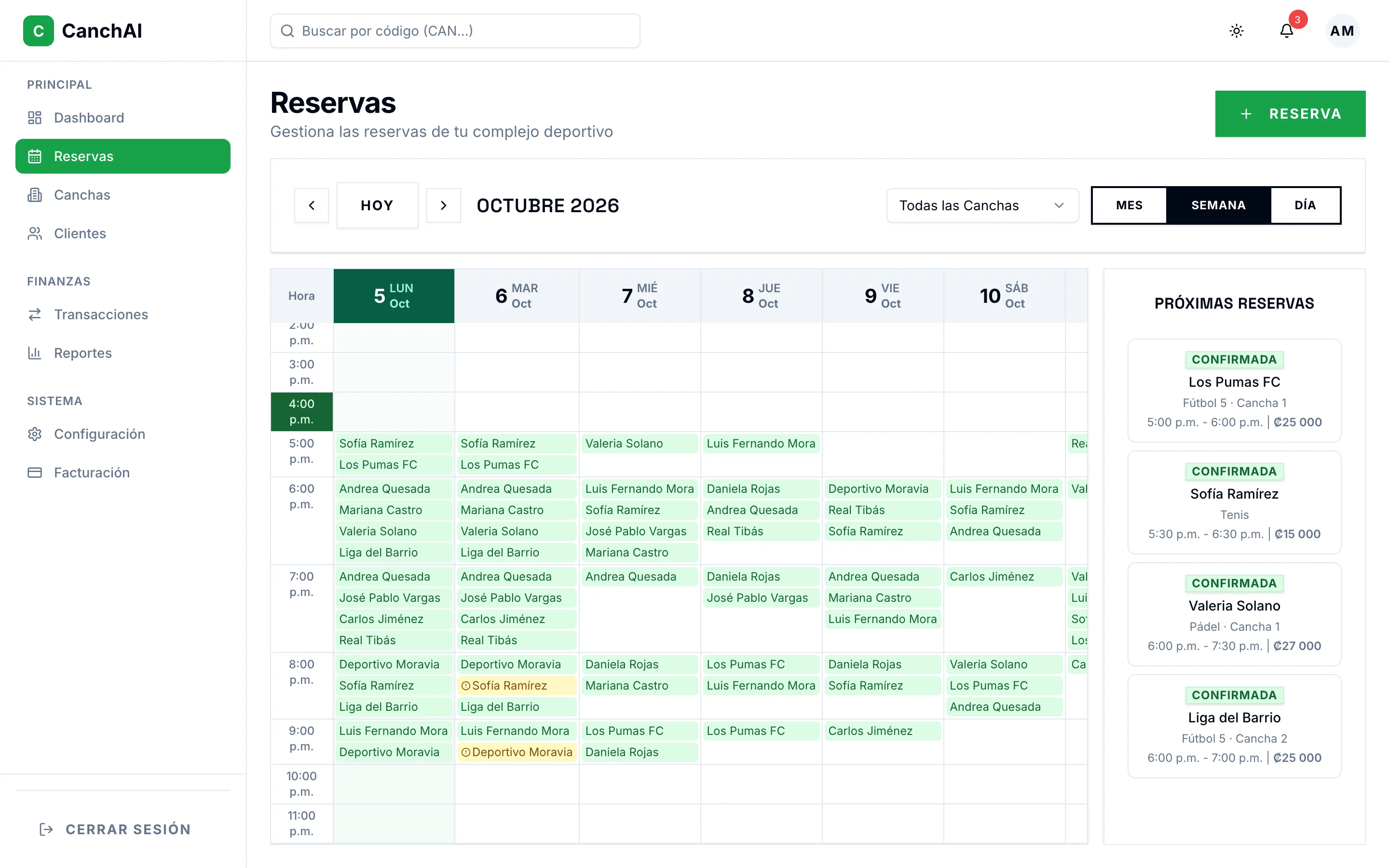 Calendario semanal con las reservas de todas las canchas