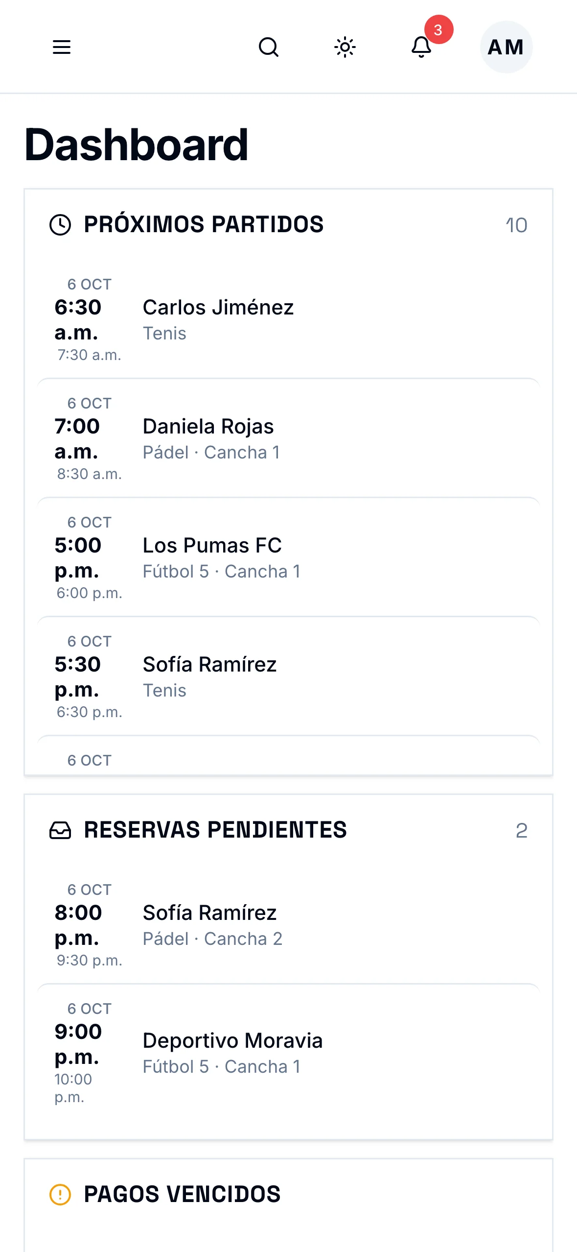 Próximos partidos y reservas pendientes en el panel
