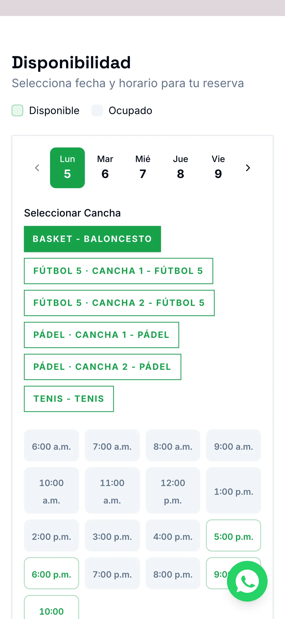 Selección de cancha y horario en la página pública