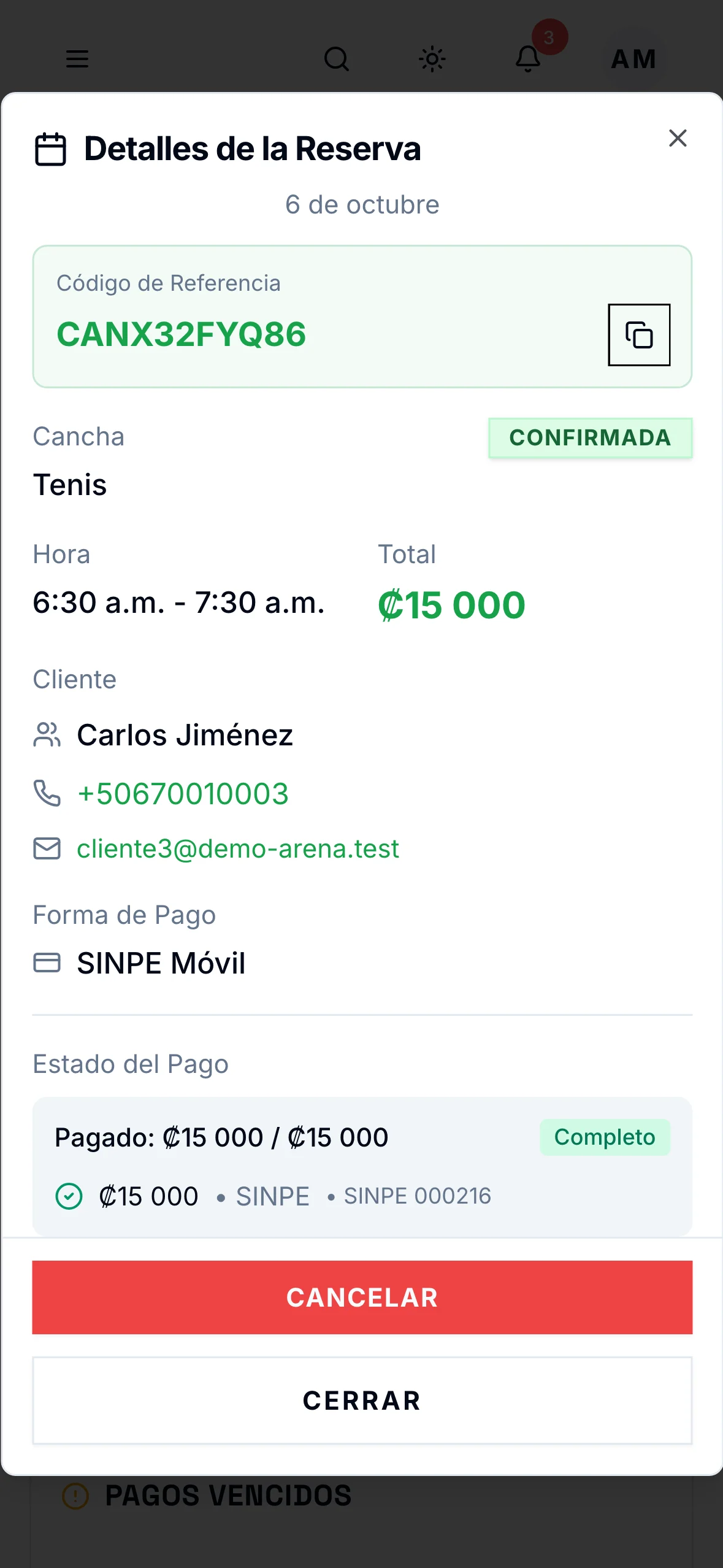 Detalles de una reserva con el pago SINPE verificado