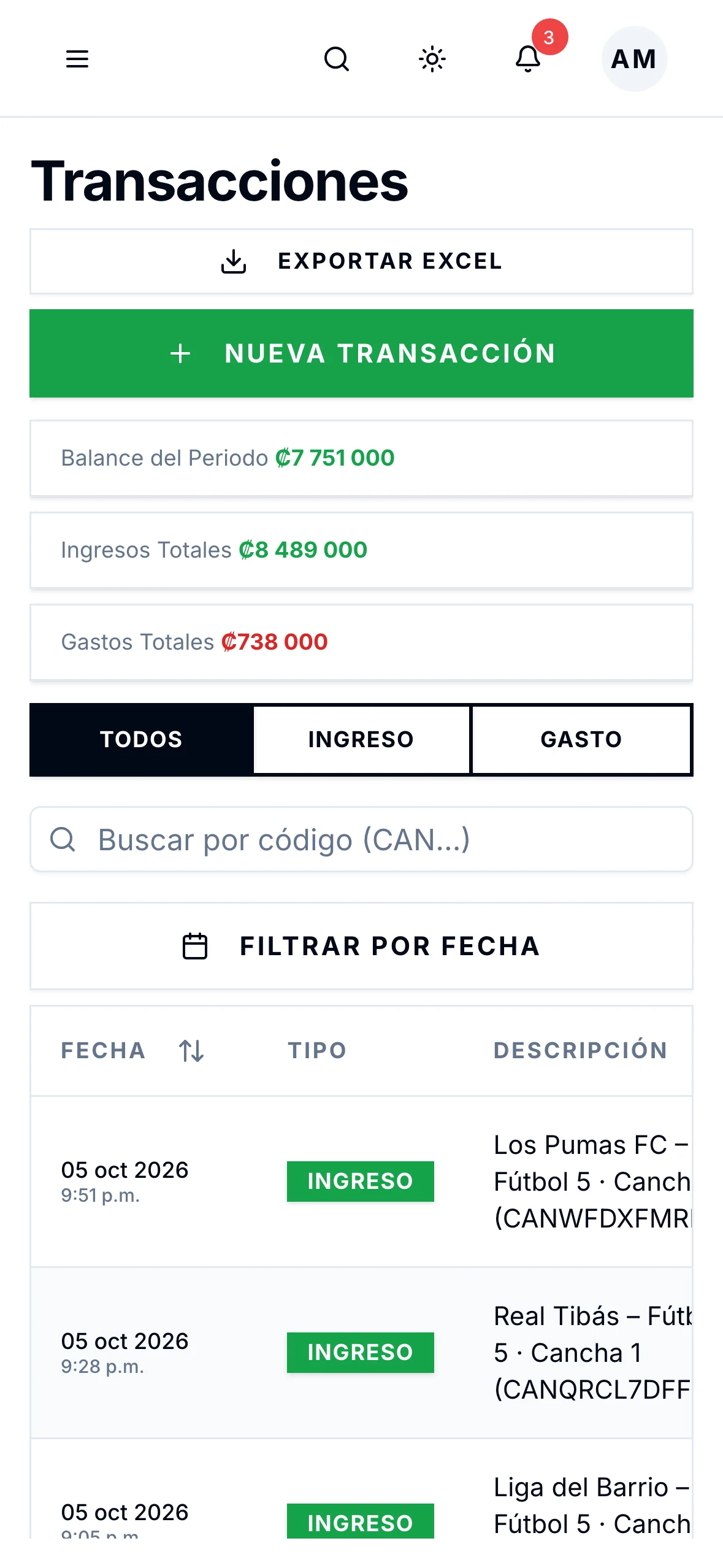 Lista de transacciones con pagos SINPE